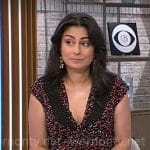 Dr Celine Gounder’s red floral print dress with lace insets on CBS Mornings