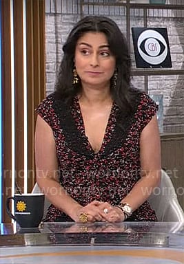 Dr Celine Gounder’s red floral print dress with lace insets on CBS Mornings
