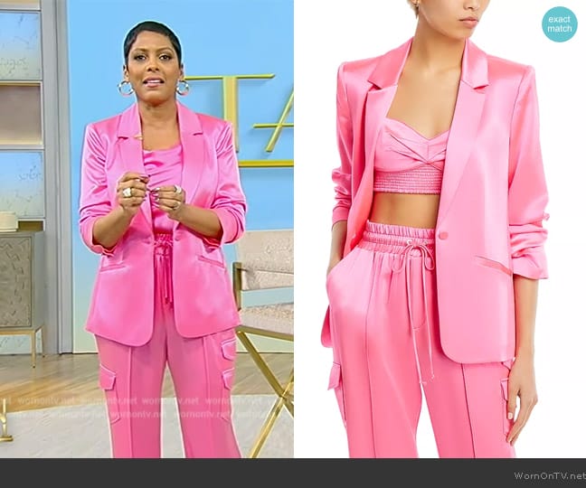 Cinq a Sept Kylie Satin Blazer in Electric Pink worn by Tamron Hall on Tamron Hall Show