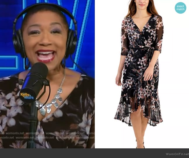Connected Printed Mesh Faux-Wrap Dress worn by Deja Vu on Live with Kelly and Mark