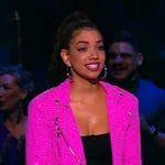 Corinne’s pink sequin moto jacket and leather pants on Beat Shazam