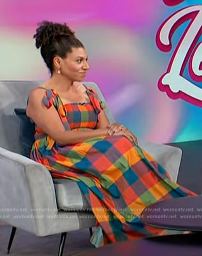 Damona Hoffman’s multicolored check dress on Access Hollywood