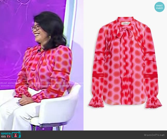 Diane von Furstenberg Arlington Ruffled Printed Chiffon Blouse in Pink worn by Wendy Suzuki  on Today