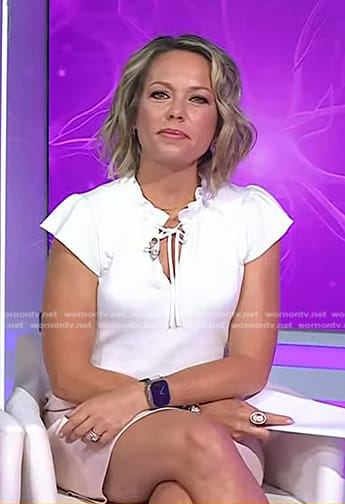 Dylan’s white tie neck top and pale pink mini skirt on Today
