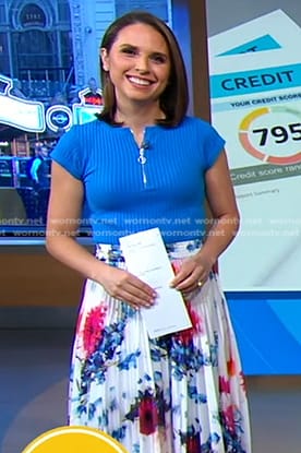 Elizabeth’s blue ribbed top and floral pleated skirt on Good Morning America