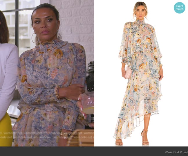 Elliatt Astrid Floral Print Long Sleeve Asymmetric Chiffon Dress worn by Dolores Catania on The Real Housewives of New Jersey