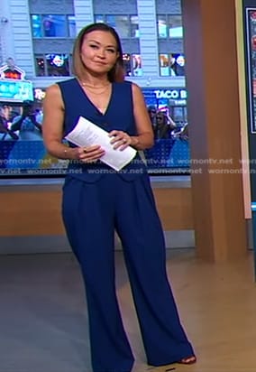 Eva’s blue vest and pants on Good Morning America