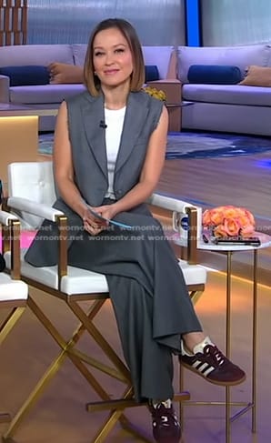 Eva’s grey vest and pants on Good Morning America