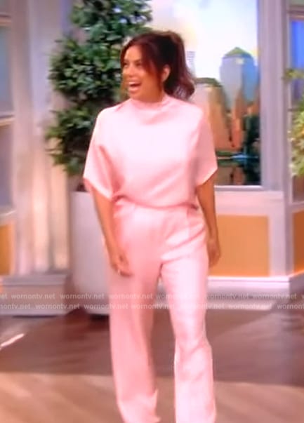 Eva Longoria’s pink satin top and pants on The View