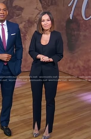 Eva’s navy scoop neck blazer and front slit pants on Good Morning America