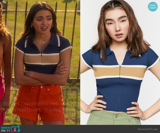 Forever 21 Half-Zip Striped Cutout Top in Navy worn by Noa Olivar (Maia Reficco) on Pretty Little Liars Original Sin