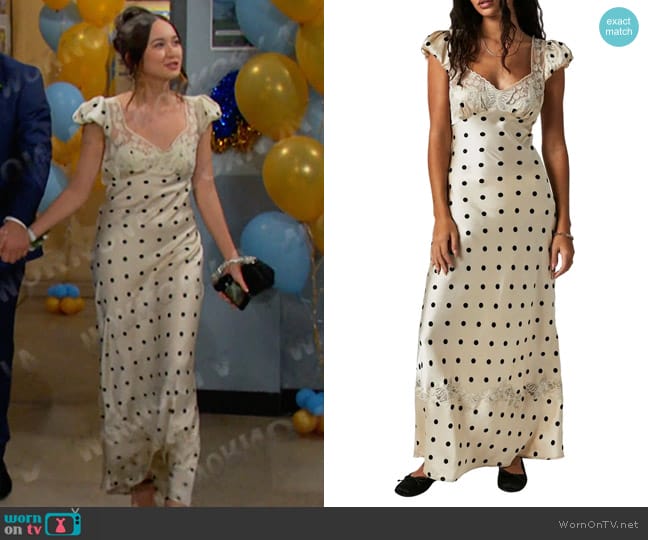 Free People Butterfly Babe Polka Dot Cutout Maxi Dress in Tea Combo worn by Sophia Choi (Madelyn Kientz) on Days of our Lives