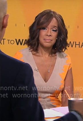 Gayle King’s beige and orange v-neck dress on CBS Mornings