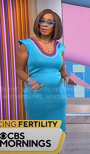 Gayle King’s turquoise blue dress with embroidered trims on CBS Mornings