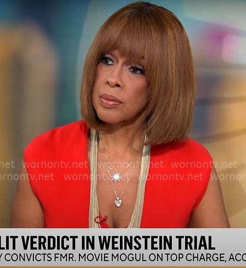 Gayle King’s red v-neck sheath dress on CBS Mornings