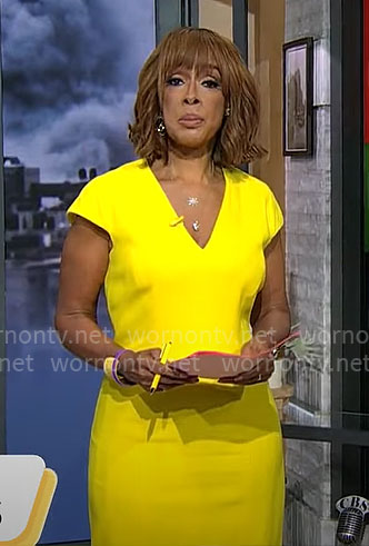Gayle King’s yellow v-neck dress on CBS Mornings