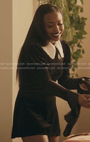 Jemma’s black velvet mini dress on The Chi