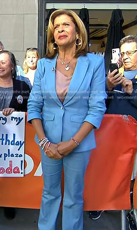 Hoda’s blue ruched sleeve blazer and pant suit on Today