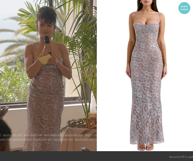 House of CB Azzurra Metallic Lace Body-Con Gown worn by Olivia Baker (Samantha Logan) on All American