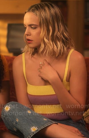 Imogen’s yellow and purple striped top with daisy embroidered jeans on Pretty Little Liars Original Sin
