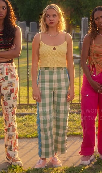 Imogen’s yellow keyhole top and green checked pants on Pretty Little Liars Original Sin