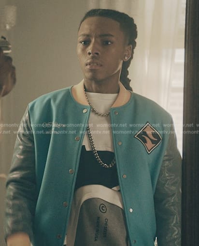 Jake’s blue leather bomber jacket on The Chi