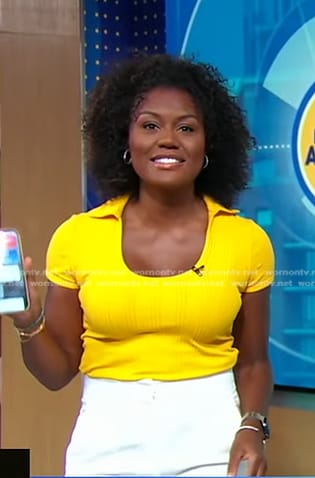 Janai’s yellow ribbed scoop neck polo top on Good Morning America
