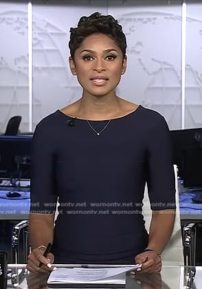 Jericka’s navy elbow sleeve dress on CBS Evening News