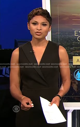 Jericka’s black sleeveless v-neck dress on CBS Evening News