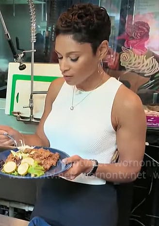 Jericka Duncan’s white and black sleeveless jumpsuit on CBS Mornings