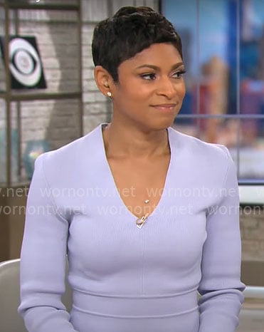 Jericka Duncan’s lavender v-neck dress on CBS Mornings