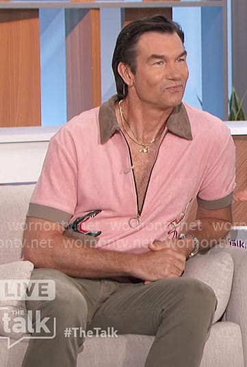 Jerry’s pink zip polo shirt with animal embroidery on The Talk