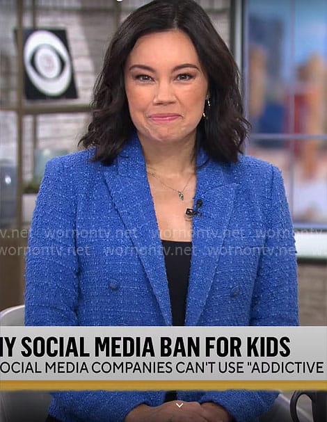 Jo Ling Kent’s blue tweed blazer on CBS Mornings