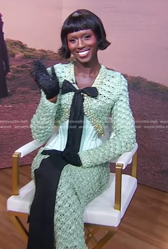 Jodie Turner-Smith’s green tie neck crochet dress on Good Morning America