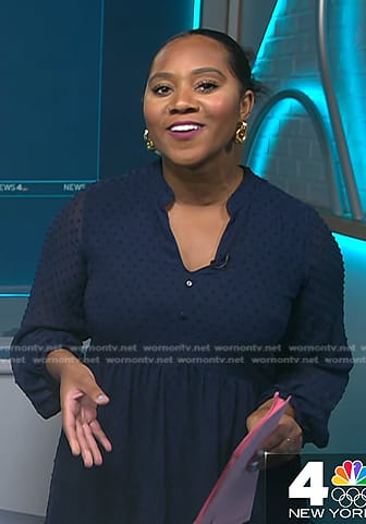 Kay Angrum’s navy swiss dot dress on NBC News Daily