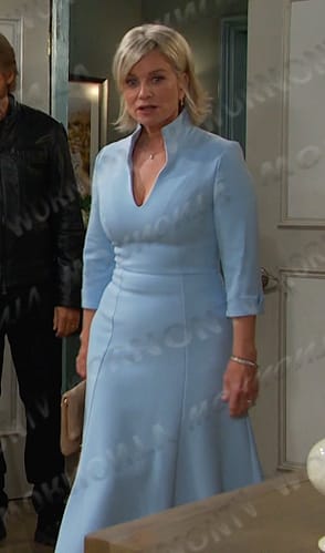 Kayla’s blue stand collar dress on Days of our Lives