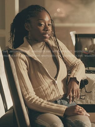 Keisha’s beige ribbed cardigan on The Chi
