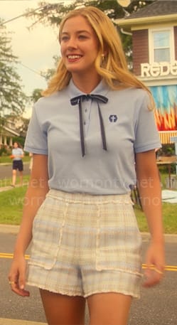 Kelly’s light blue tweed shorts on Pretty Little Liars Original Sin