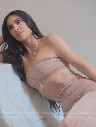Kim’s beige embellished tube top and skirt on The Kardashians