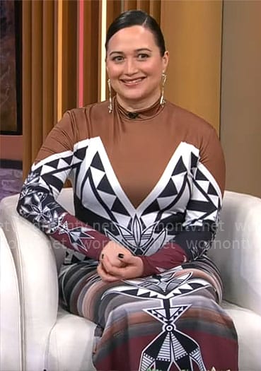 Lily Gladstone’s printed long sleeve dress on CBS Mornings