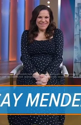 Lindsay Mendez’s navy polka dot smocked dress on Good Morning America