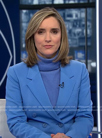 Margaret’s blue double breasted blazer and pant suit on CBS Evening News