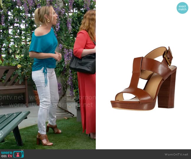 MICHAEL Michael Kors Becker T-strap Sandals in Luggage worn by Sharon Newman (Sharon Case) on The Young and the Restless