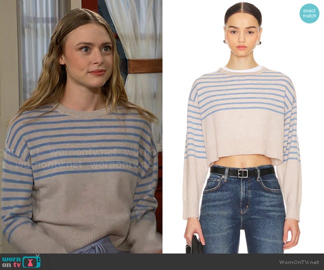 Monrow Wool Cashmere Stripe Crew Neck Sweater in Oatmeal & Light Blue worn by Claire Grace (Hayley Erin) on The Young and the Restless