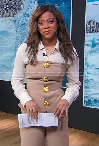 Morgan’s beige jumpsuit with gold buttons on Good Morning America