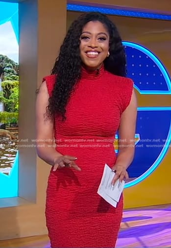 Morgan’s red textured mock neck dress on Good Morning America