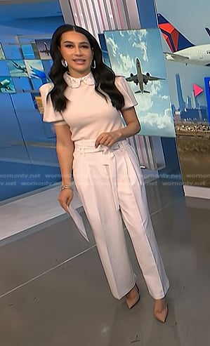 Morgan’s white embellished collar top and pants on NBC News Daily