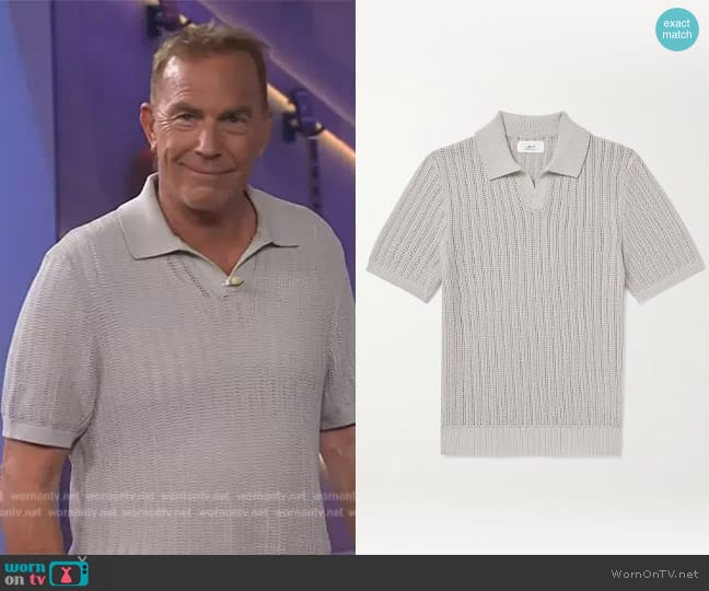 Mr P Open-Knit Ribbed Cotton Polo Shirt worn by Kevin Costner on The Kelly Clarkson Show