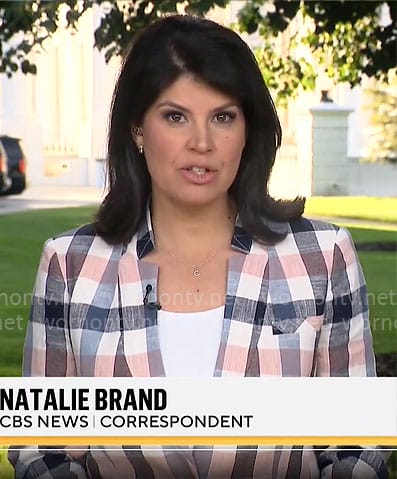 Natalie Brand’s pink and blue checked blazer on CBS Mornings