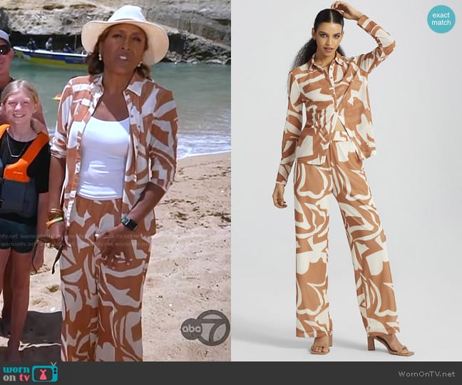 New York & Company Gabrielle Union Mesh Button Down Shirt in Iced Coffee worn by Robin Roberts on Good Morning America